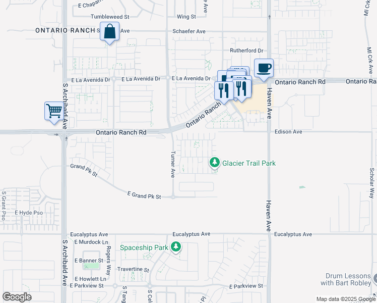 map of restaurants, bars, coffee shops, grocery stores, and more near 3165 East Olympic Drive in Ontario