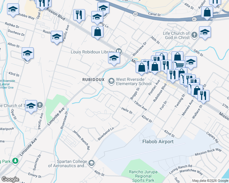 map of restaurants, bars, coffee shops, grocery stores, and more near 42nd Street in Jurupa Valley