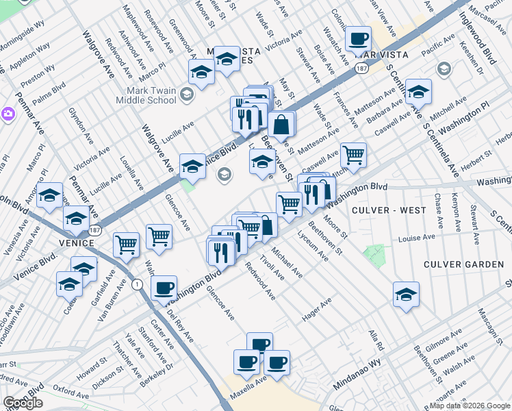 map of restaurants, bars, coffee shops, grocery stores, and more near 3924 Michael Avenue in Los Angeles