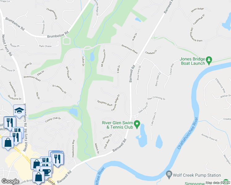 map of restaurants, bars, coffee shops, grocery stores, and more near 125 Fairway Ridge Drive in Alpharetta