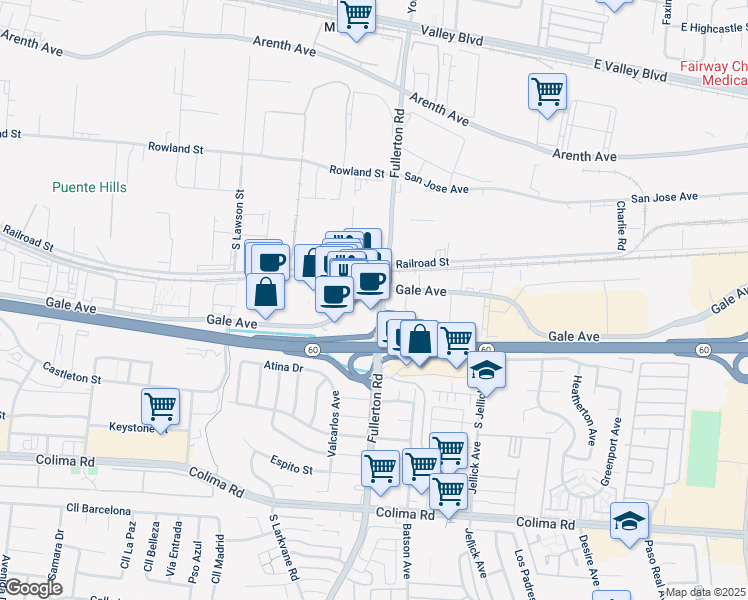 map of restaurants, bars, coffee shops, grocery stores, and more near 18268 Gale Avenue in City of Industry
