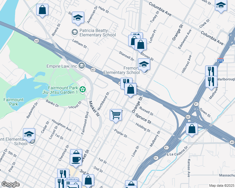 map of restaurants, bars, coffee shops, grocery stores, and more near 2306 Northbend Street in Riverside