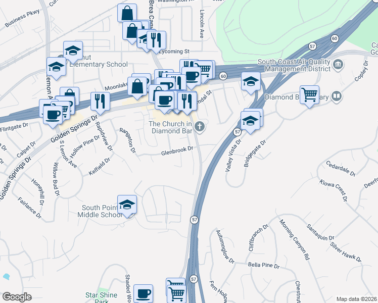 map of restaurants, bars, coffee shops, grocery stores, and more near 1301 Glenthorpe Drive in Walnut