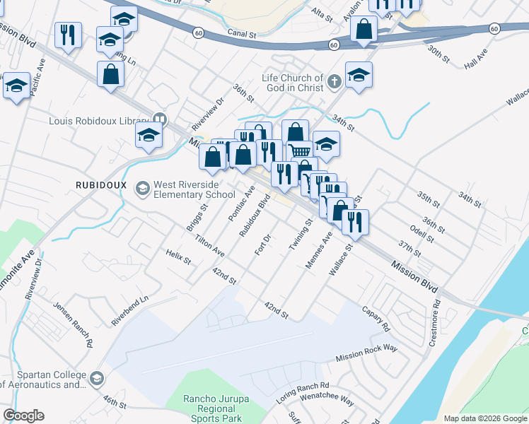 map of restaurants, bars, coffee shops, grocery stores, and more near 3952 Rubidoux Boulevard in Riverside
