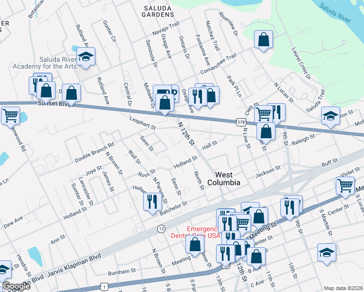map of restaurants, bars, coffee shops, grocery stores, and more near 629 North 12th Street in West Columbia