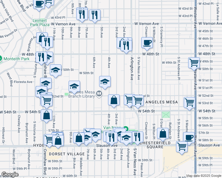 map of restaurants, bars, coffee shops, grocery stores, and more near 5130 4th Avenue in Los Angeles