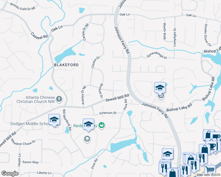map of restaurants, bars, coffee shops, grocery stores, and more near 3905 Ardsley Drive Northeast in Marietta