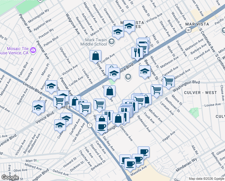 map of restaurants, bars, coffee shops, grocery stores, and more near 2449 Walgrove Avenue in Los Angeles