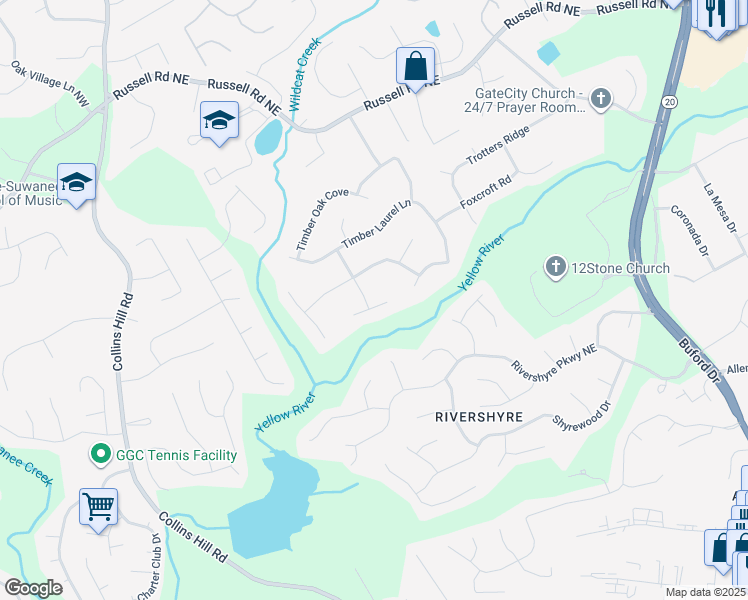 map of restaurants, bars, coffee shops, grocery stores, and more near 140 Timber Valley Lane in Lawrenceville