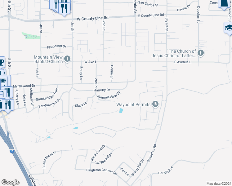 map of restaurants, bars, coffee shops, grocery stores, and more near 160 Summit View Drive in Calimesa