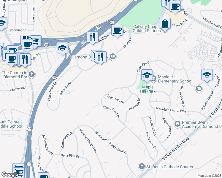 map of restaurants, bars, coffee shops, grocery stores, and more near 22029 Birds Eye Drive in Diamond Bar
