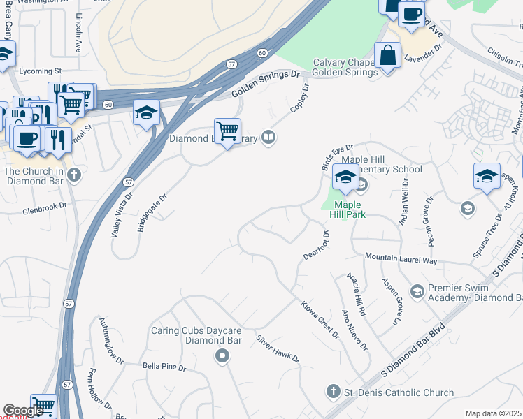 map of restaurants, bars, coffee shops, grocery stores, and more near 22029 Birds Eye Drive in Diamond Bar