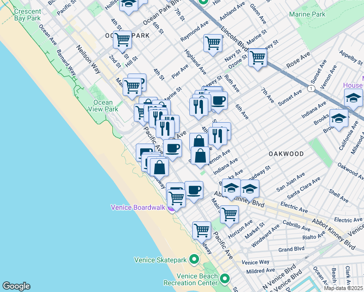 map of restaurants, bars, coffee shops, grocery stores, and more near 340 Main Street in Los Angeles