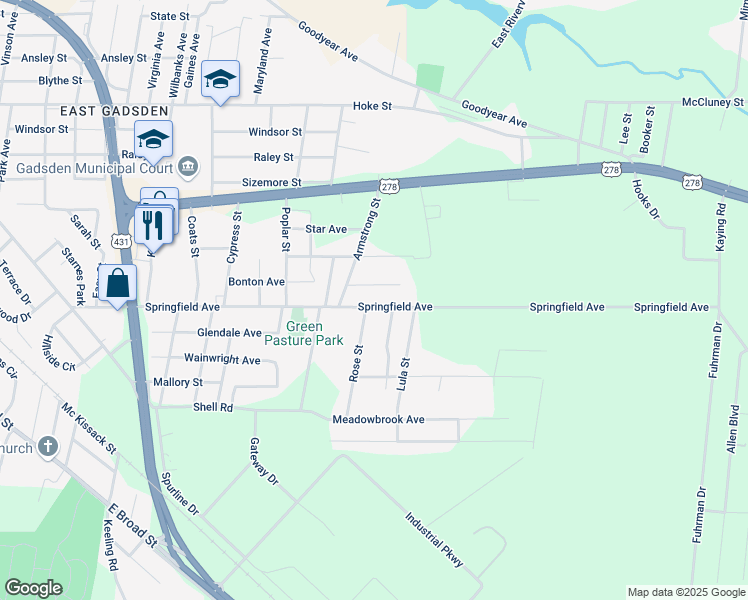 map of restaurants, bars, coffee shops, grocery stores, and more near 1410 Springfield Avenue in Gadsden