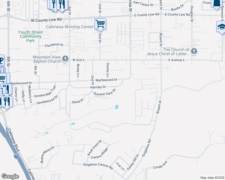 map of restaurants, bars, coffee shops, grocery stores, and more near 160 Summit View Drive in Calimesa