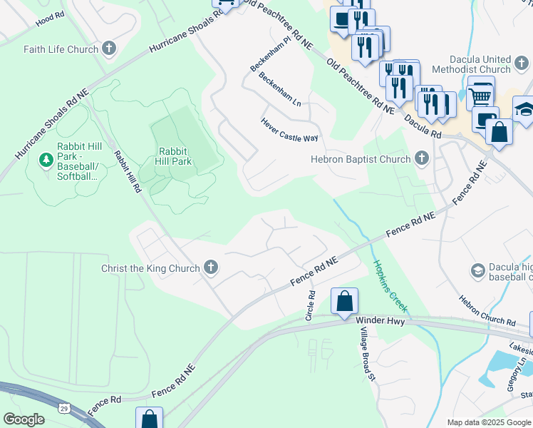map of restaurants, bars, coffee shops, grocery stores, and more near 321 Yarbrough Court in Dacula