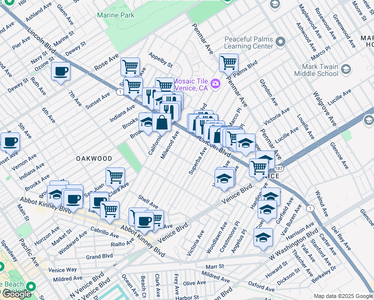 map of restaurants, bars, coffee shops, grocery stores, and more near 922 Palms Boulevard in Los Angeles