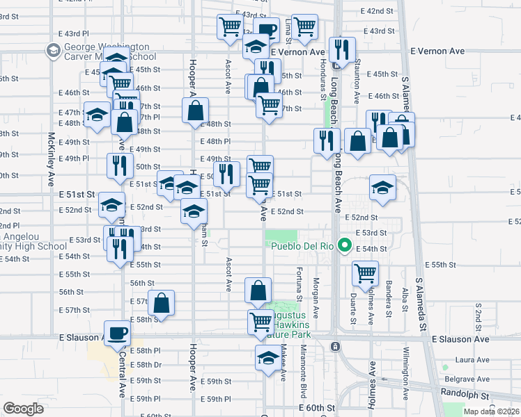 map of restaurants, bars, coffee shops, grocery stores, and more near 5137 Compton Avenue in Los Angeles