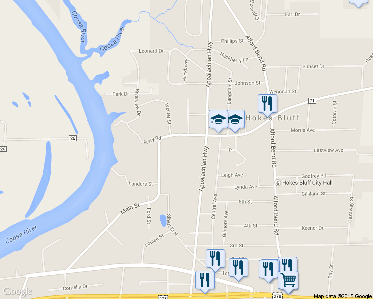 map of restaurants, bars, coffee shops, grocery stores, and more near 3120 Appalachian Highway in Gadsden