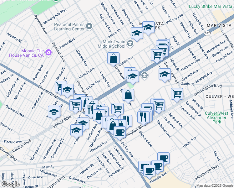 map of restaurants, bars, coffee shops, grocery stores, and more near 2418 Louella Avenue in Los Angeles