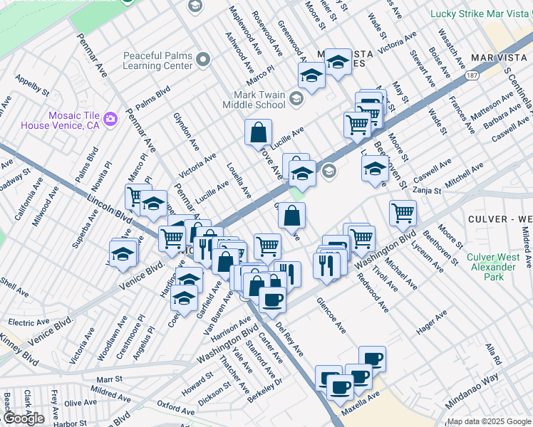 map of restaurants, bars, coffee shops, grocery stores, and more near 2418 Louella Avenue in Los Angeles