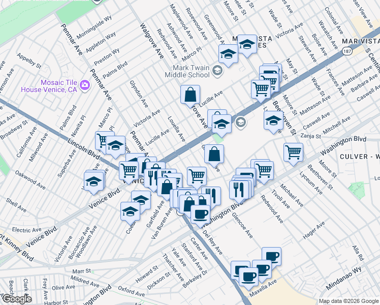 map of restaurants, bars, coffee shops, grocery stores, and more near 2418 Louella Avenue in Los Angeles