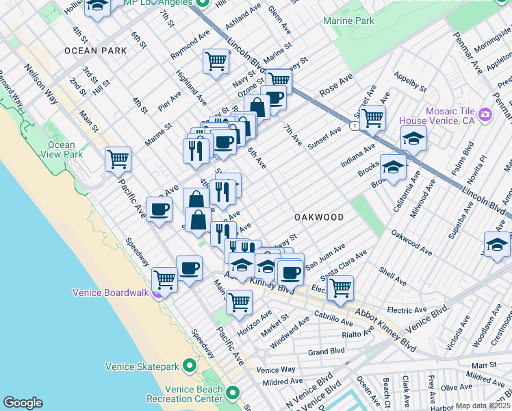 map of restaurants, bars, coffee shops, grocery stores, and more near 516 Vernon Avenue in Los Angeles