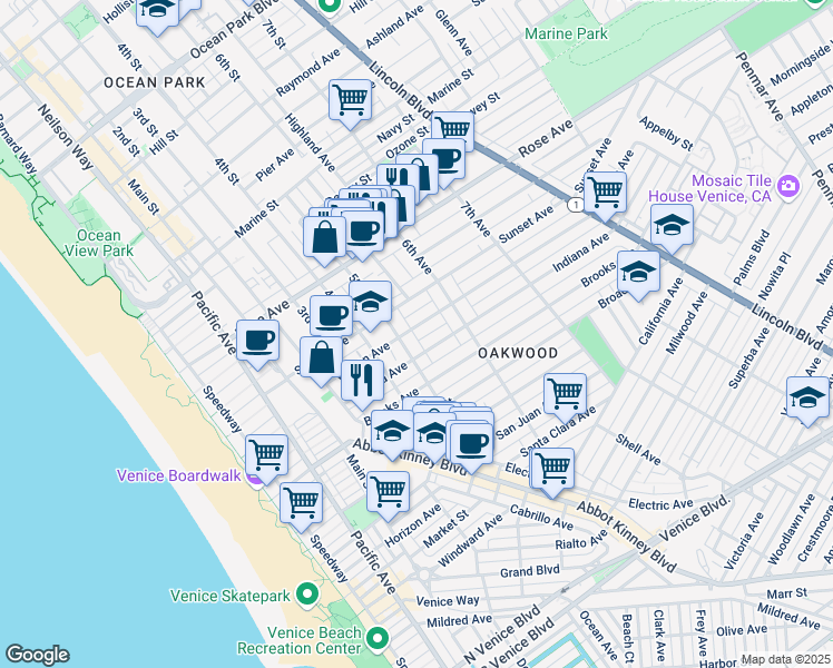 map of restaurants, bars, coffee shops, grocery stores, and more near 516 Vernon Avenue in Los Angeles