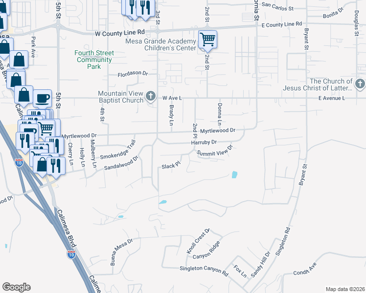 map of restaurants, bars, coffee shops, grocery stores, and more near 249 Harruby Drive in Calimesa