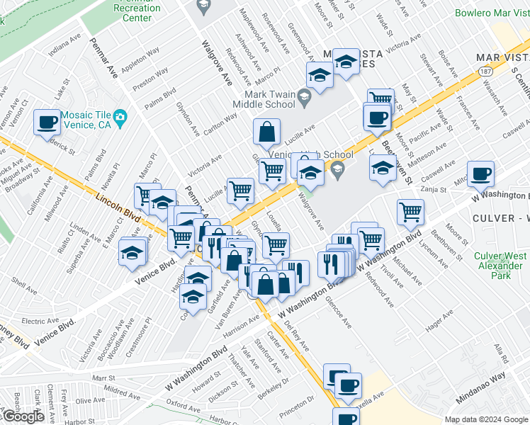 map of restaurants, bars, coffee shops, grocery stores, and more near 2403 Louella Avenue in Los Angeles