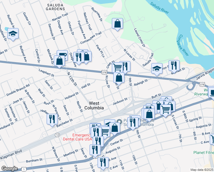 map of restaurants, bars, coffee shops, grocery stores, and more near 509 North Line Street in West Columbia