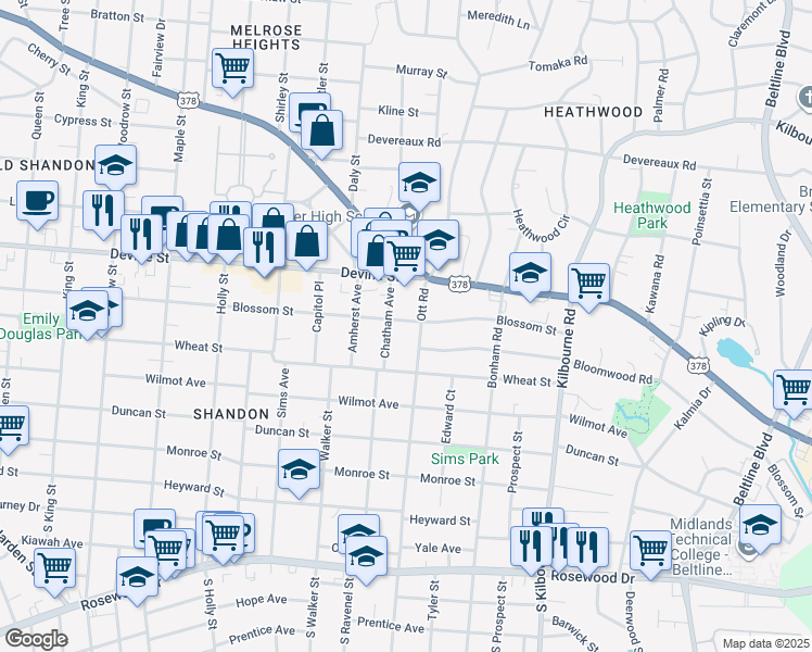 map of restaurants, bars, coffee shops, grocery stores, and more near 3306 Blossom Street in Columbia