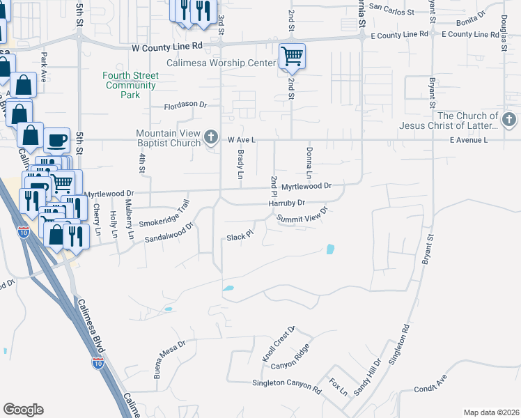 map of restaurants, bars, coffee shops, grocery stores, and more near 239 Harruby Drive in Calimesa