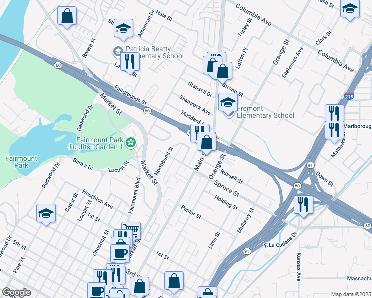 map of restaurants, bars, coffee shops, grocery stores, and more near 2306 Northbend Street in Riverside