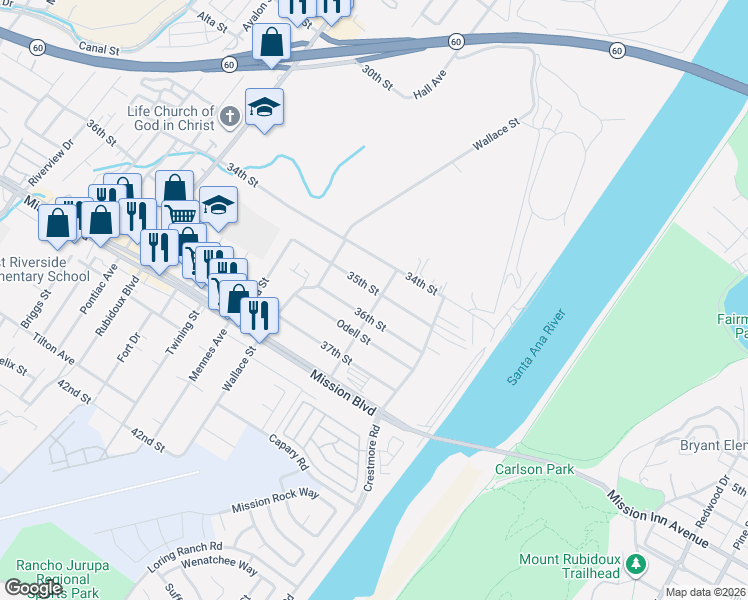 map of restaurants, bars, coffee shops, grocery stores, and more near 5320 35th Street in Riverside