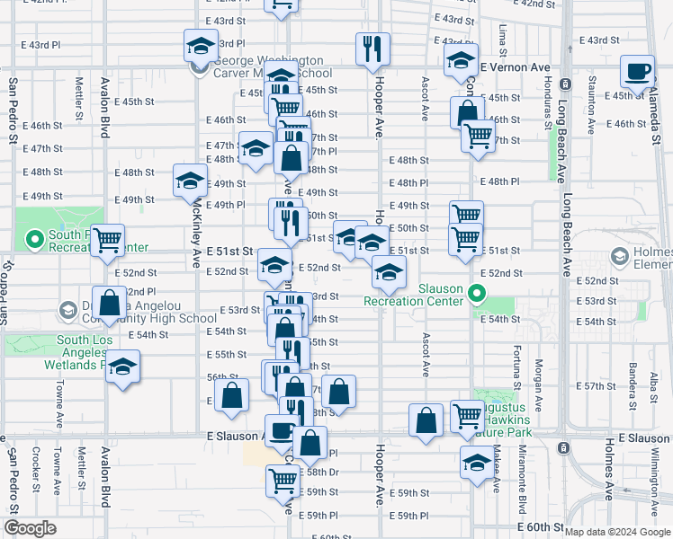 map of restaurants, bars, coffee shops, grocery stores, and more near 1199 East 52nd Street in Los Angeles
