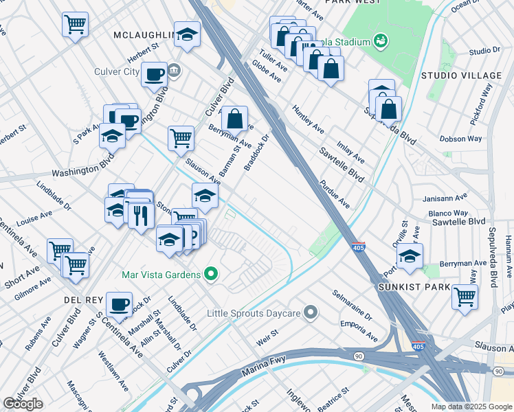 map of restaurants, bars, coffee shops, grocery stores, and more near 4800 South Slauson Avenue in Culver City