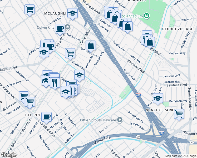 map of restaurants, bars, coffee shops, grocery stores, and more near 4800 South Slauson Avenue in Culver City