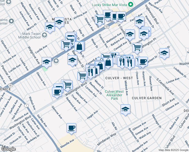map of restaurants, bars, coffee shops, grocery stores, and more near 12813 West Washington Boulevard in Los Angeles
