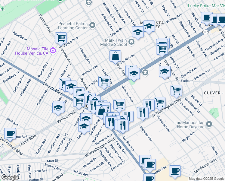map of restaurants, bars, coffee shops, grocery stores, and more near 1409 Venice Boulevard in Los Angeles