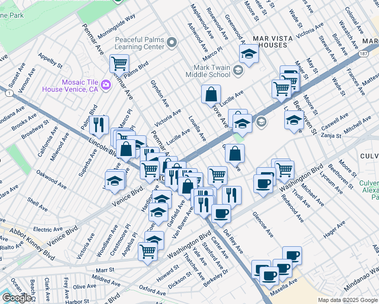 map of restaurants, bars, coffee shops, grocery stores, and more near 2330 Walnut Avenue in Los Angeles