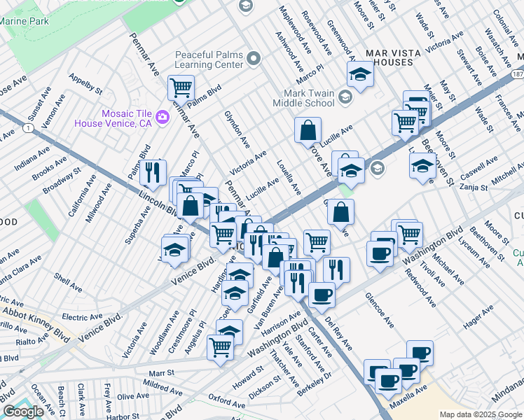 map of restaurants, bars, coffee shops, grocery stores, and more near 2330 Walnut Avenue in Los Angeles
