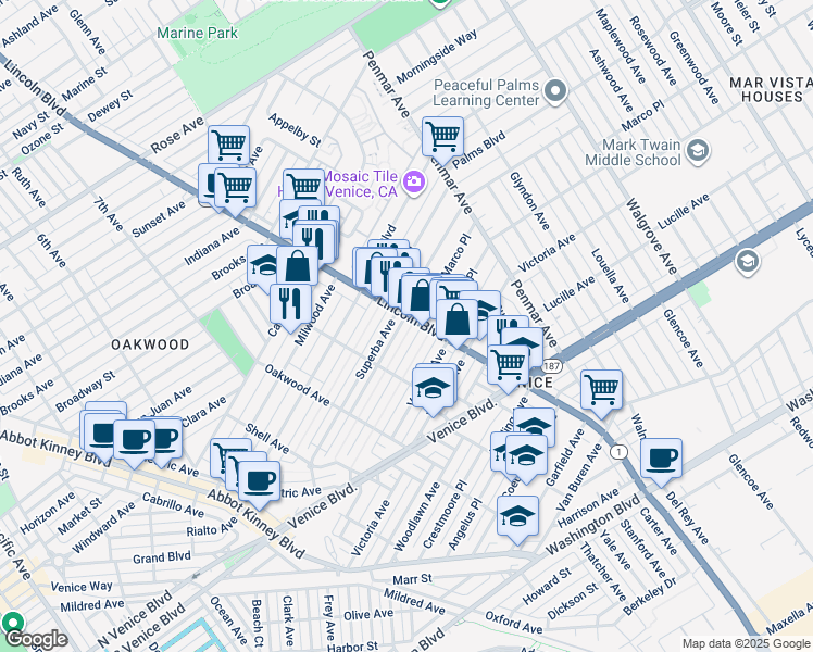 map of restaurants, bars, coffee shops, grocery stores, and more near 1609 Lincoln Boulevard in Los Angeles