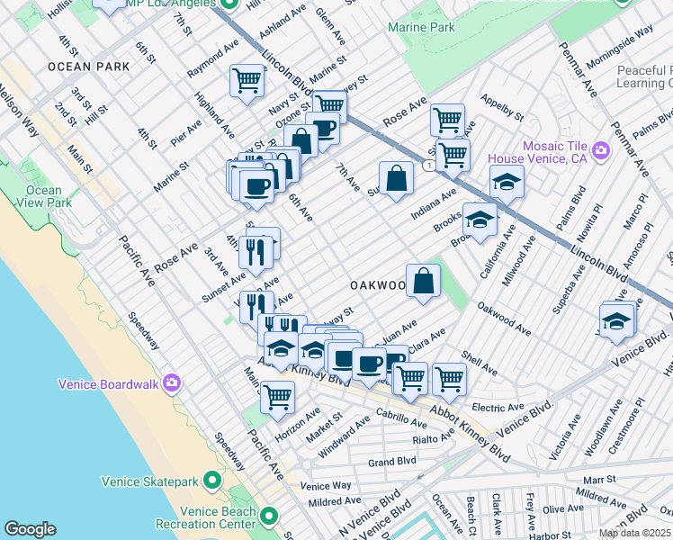 map of restaurants, bars, coffee shops, grocery stores, and more near 547 Indiana Avenue in Los Angeles