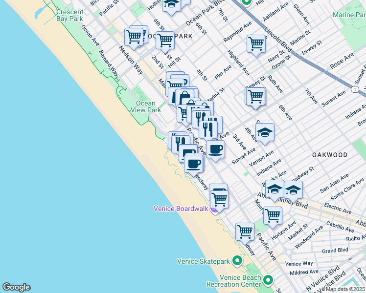map of restaurants, bars, coffee shops, grocery stores, and more near 22 Navy Court in Los Angeles