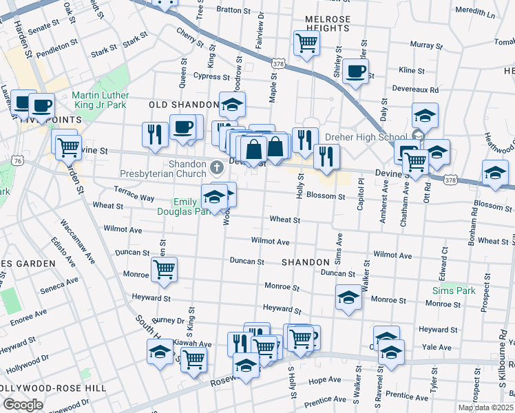 map of restaurants, bars, coffee shops, grocery stores, and more near 2729 Wheat Street in Columbia