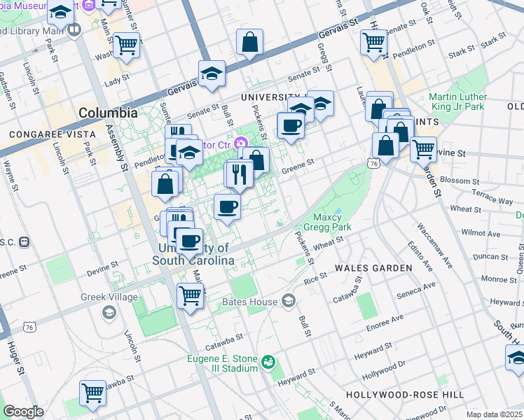 map of restaurants, bars, coffee shops, grocery stores, and more near in Columbia