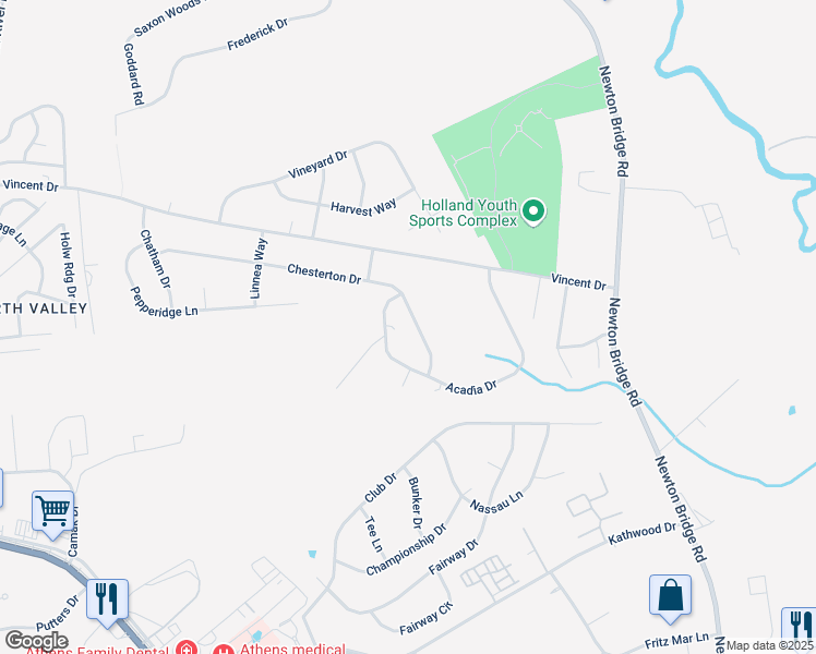map of restaurants, bars, coffee shops, grocery stores, and more near 121 Chesterton Drive in Athens