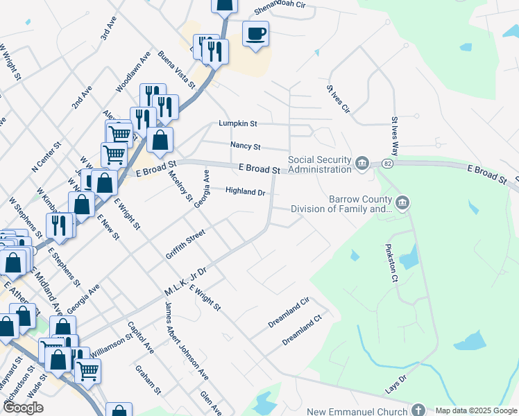 map of restaurants, bars, coffee shops, grocery stores, and more near 274 Griffith Street in Winder