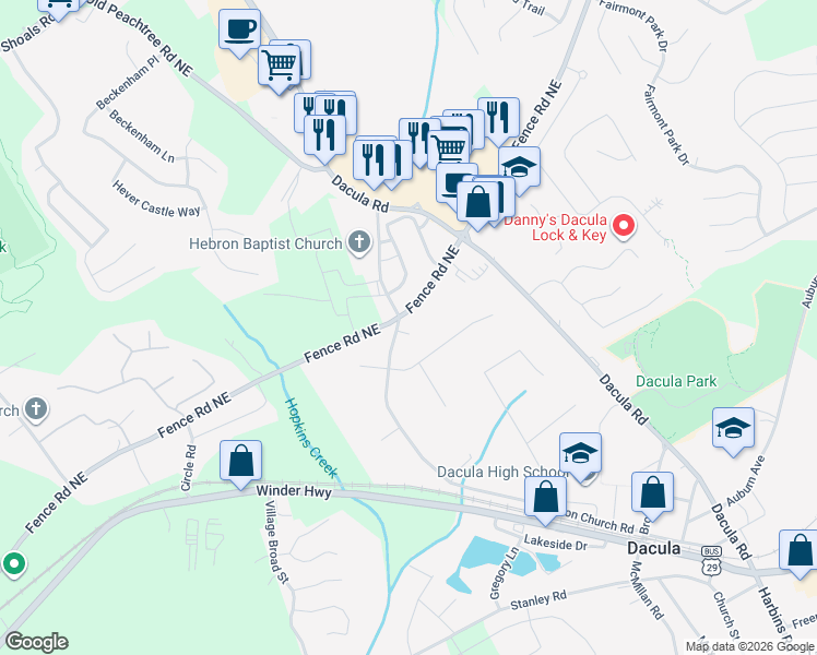 map of restaurants, bars, coffee shops, grocery stores, and more near 2380 Fence Road Northeast in Dacula